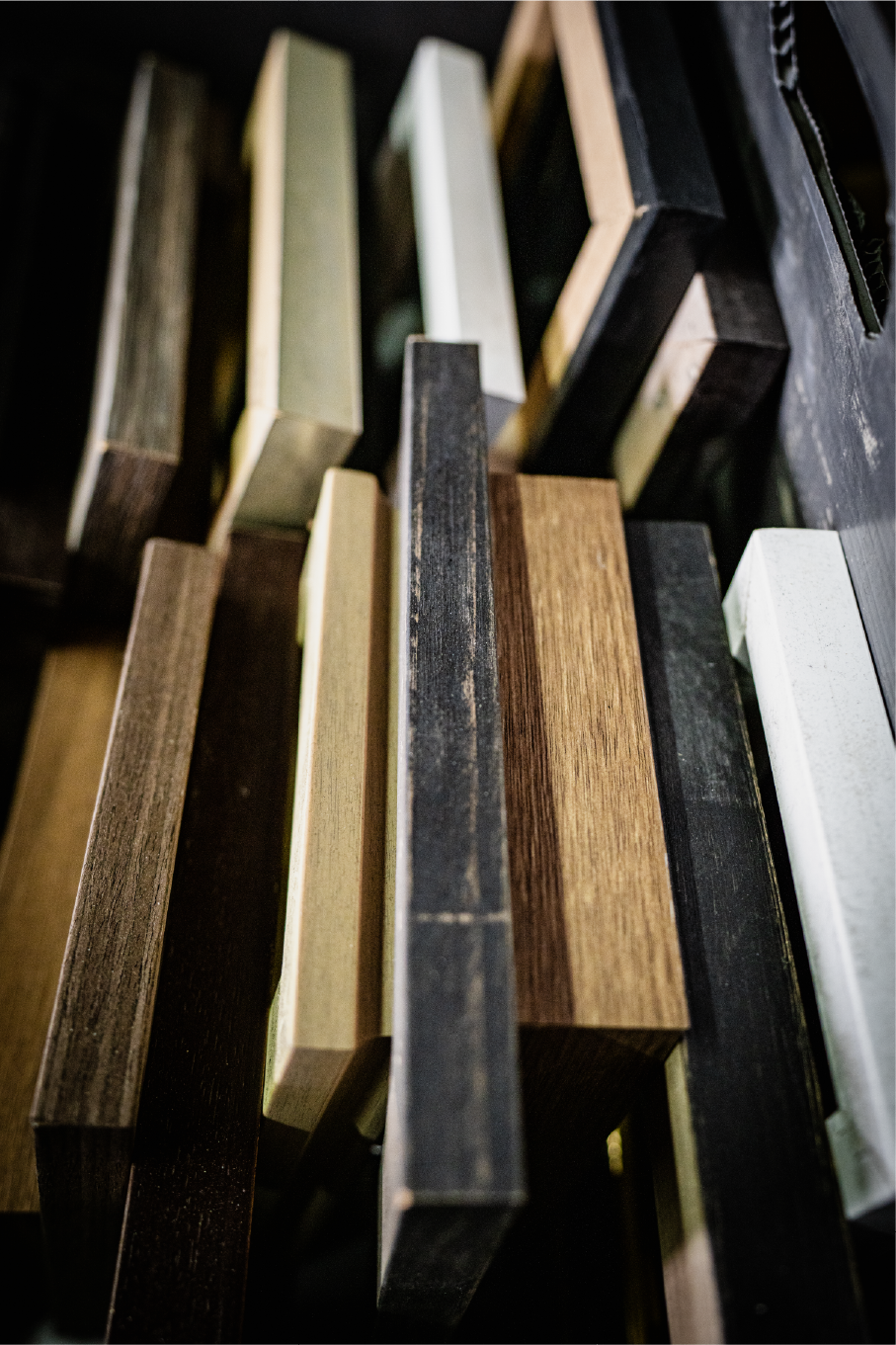 Wood samples display shallow depth of field indoor lighting